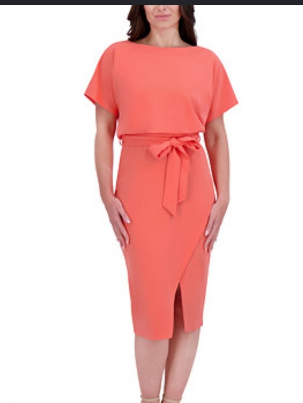Kensie Dress Size 6 Coral Pink Ruched Waist Tulip Hem Midi Dress NWT $98